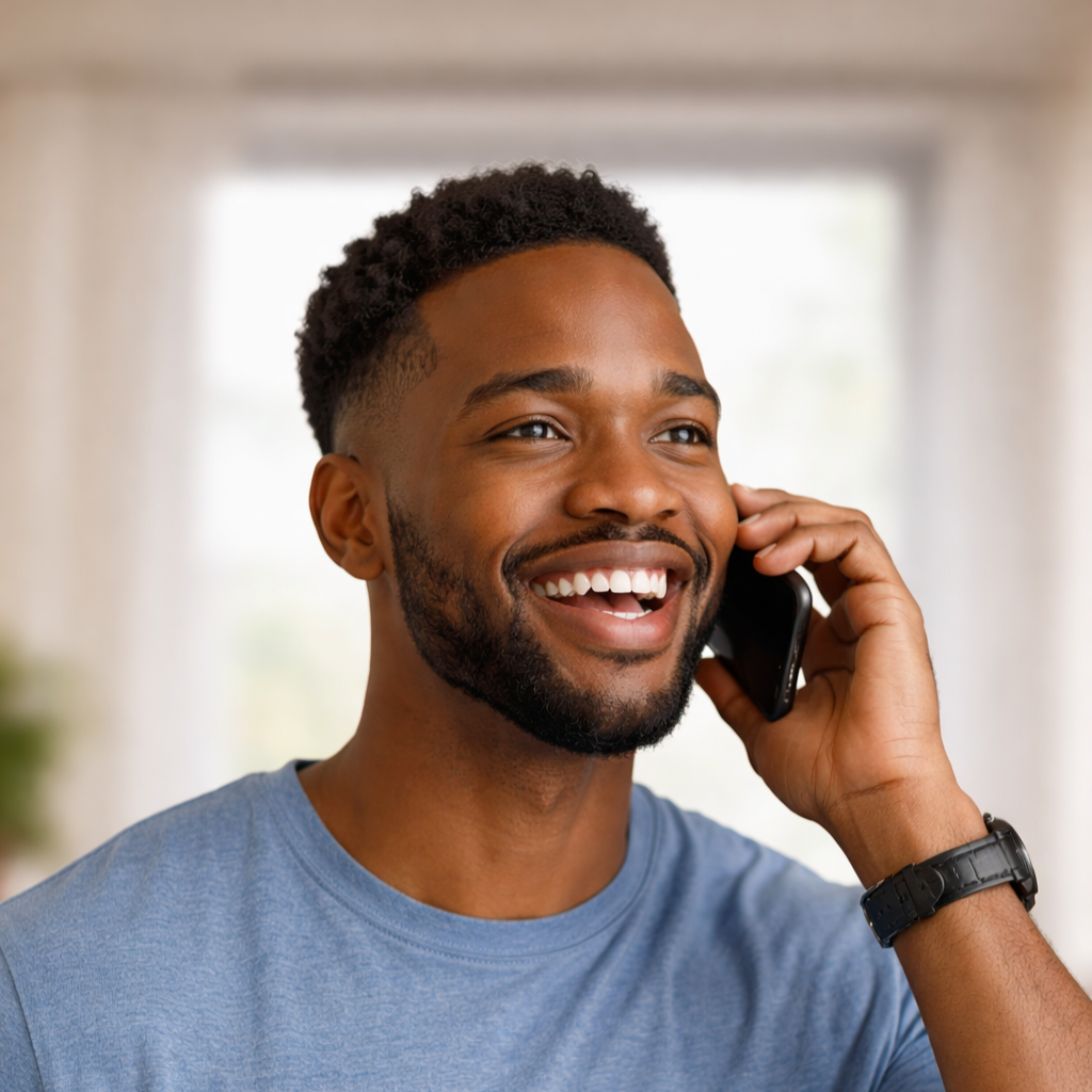 Black man with blue t-shirt talking on phone